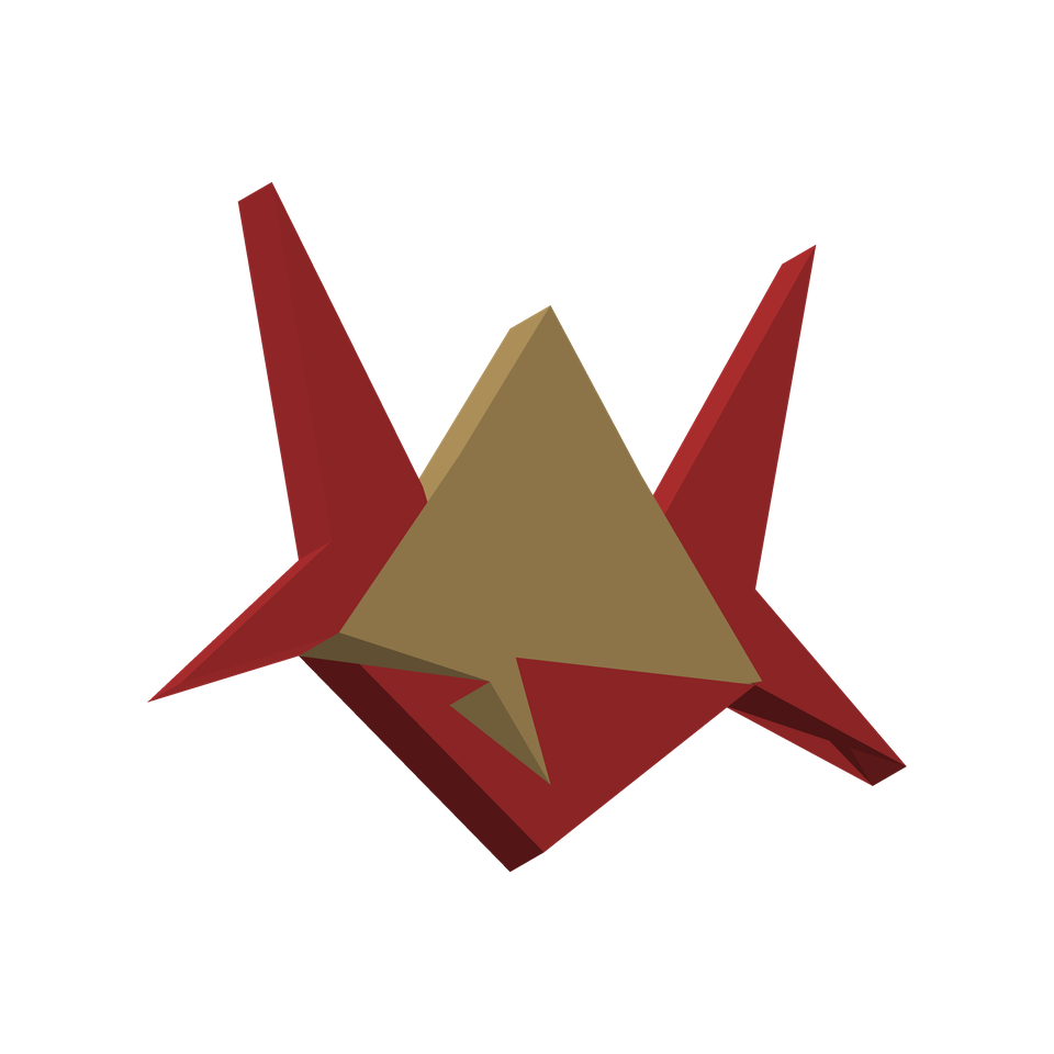 The Red Hood Limited compact mark in three dimensions: a gold four-pointed core standing proud of two red flame-tipped wings above a red tail, lit from the upper left.